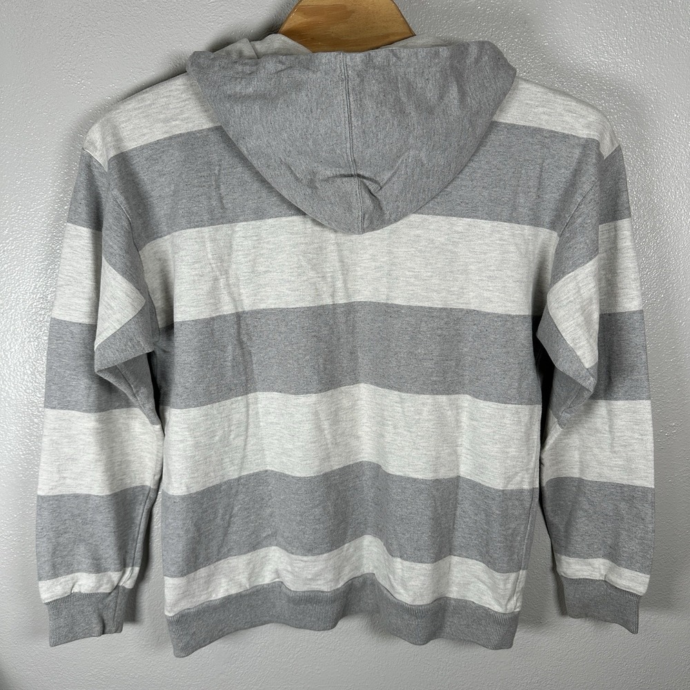 Vintage 90s LL Bean Gray Striped Cotton Rugby Henley Hoodie Sz Large Made In USA - Picture 3 of 4
